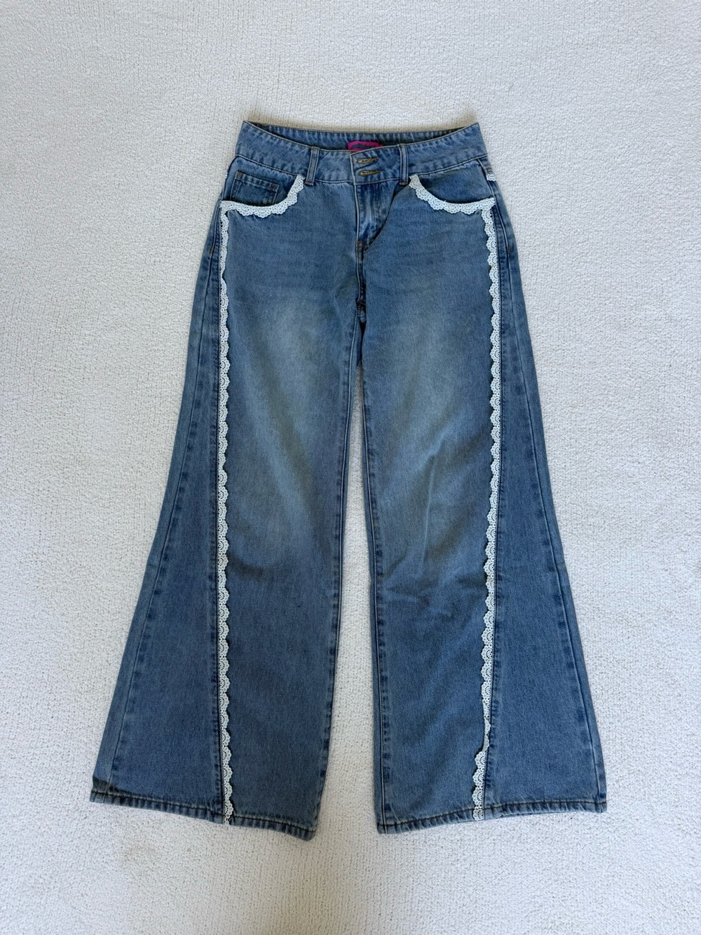 Edikted Women's Blue Denim Wide-Leg Jeans with Lace Trim